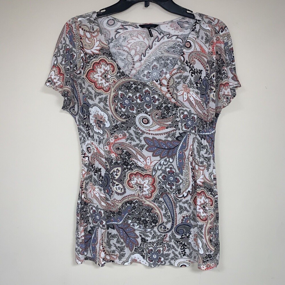 Daisy Fuentes Paisley Pattern Blouse Women's Medium Short Sleeve Rusched Top Spr